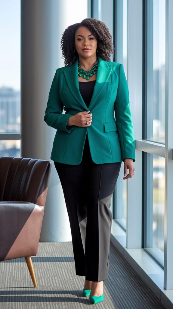 Plus size woman wearing a tailored blazer with trousers 