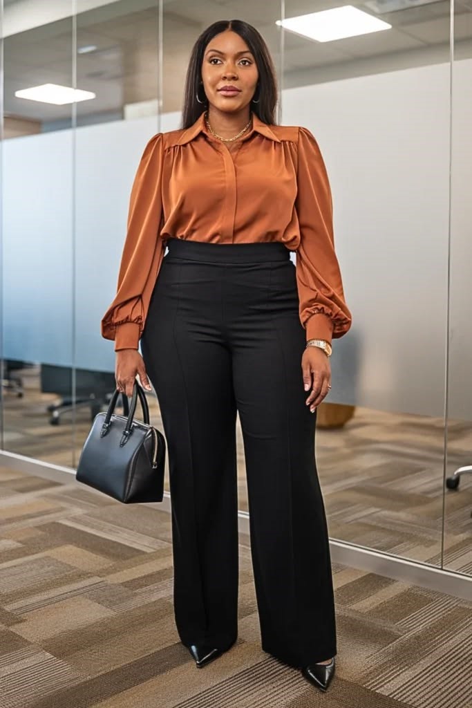 A woman wearing black tailored trousers with a blouse