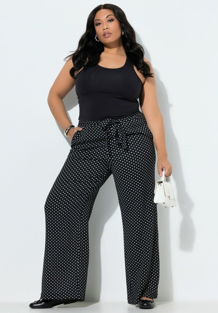Ulla Popken plus size outfit with black wide-leg trousers