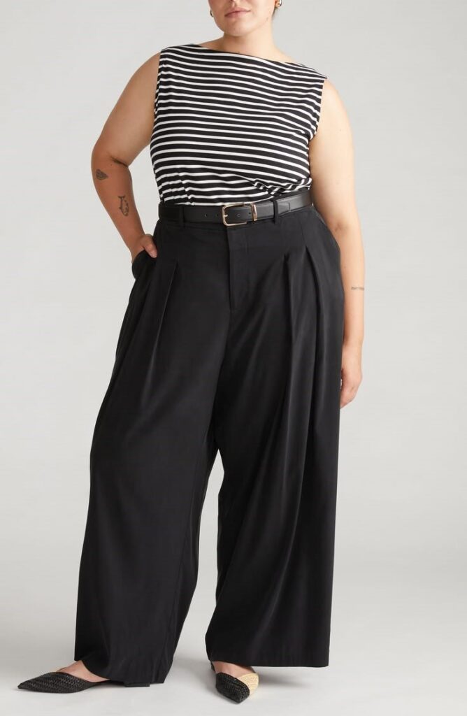 Universal Standard plus size outfit with striped top and wide-leg trousers