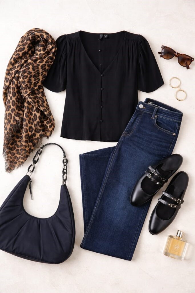 30 versatile wardrobe pieces including a black blouse, dark jeans, leopard scarf, handbag, and black flats for creating multiple outfits.