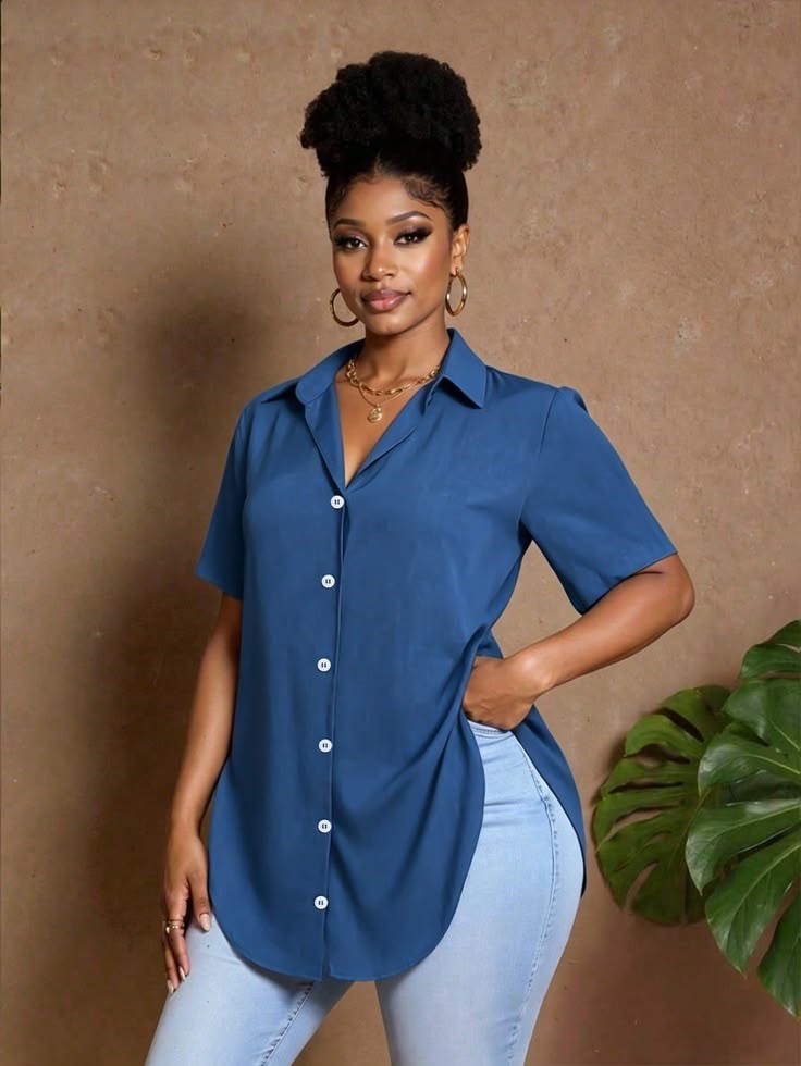 Plus size wardrobe basics with a versatile blue button-down shirt and jeans