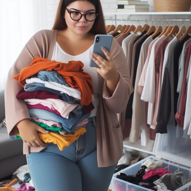 Plus size woman reviewing her wardrobe while building a practical capsule wardrobe.