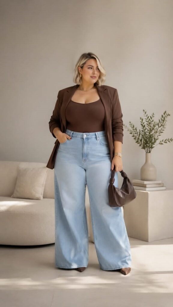 Plus-size woman wearing a structured blazer, fitted bodysuit, and wide-leg jeans to create a polished look for a soft rectangle body shape