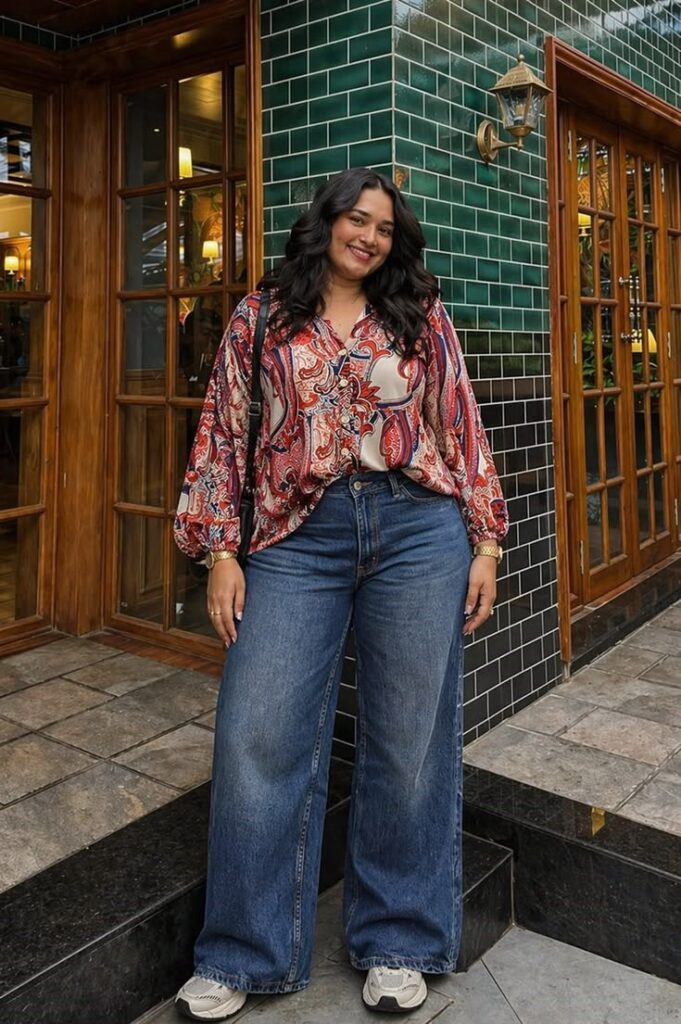 Plus-size woman wearing wide-leg jeans in a stylish outfit