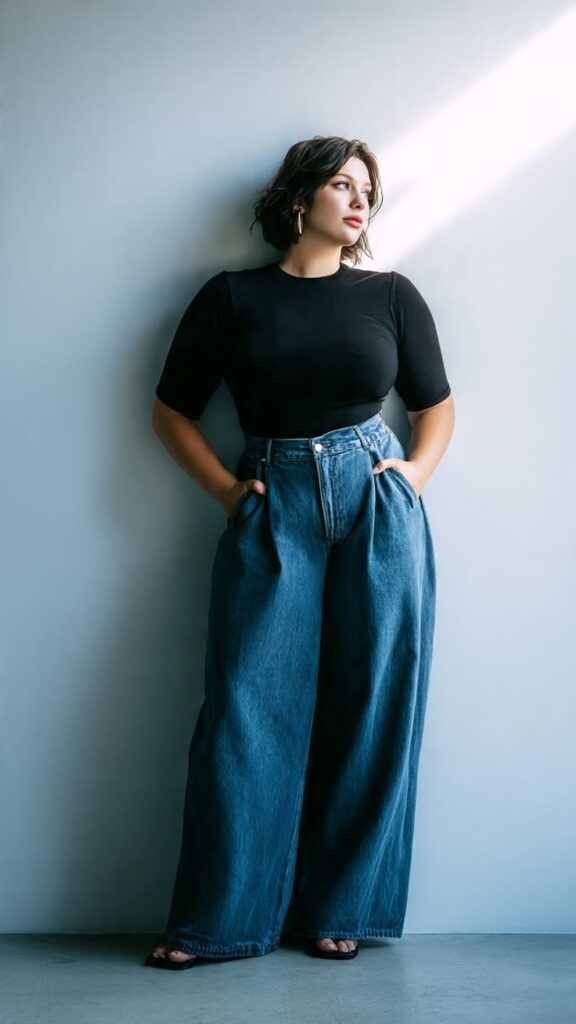 Curvy woman wearing wide-leg jeans with a fitted black top