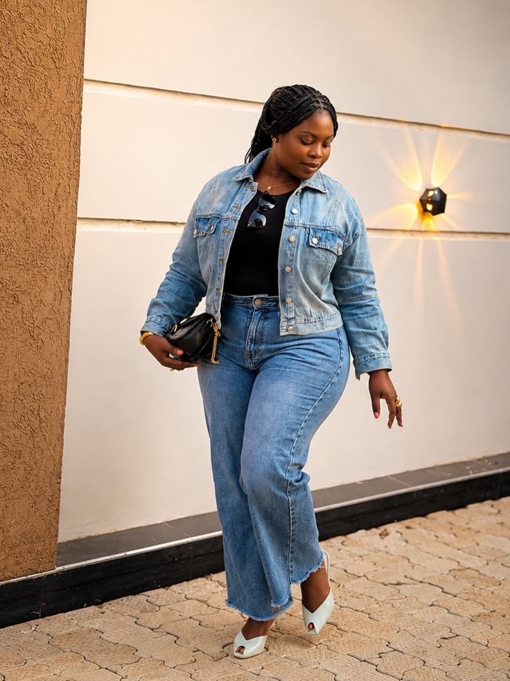 Plus-size woman wearing jeans with a denim jacket and black top