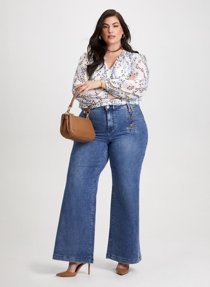 Wide-Leg Jeans Outfit Ideas with a feminine floral blouse