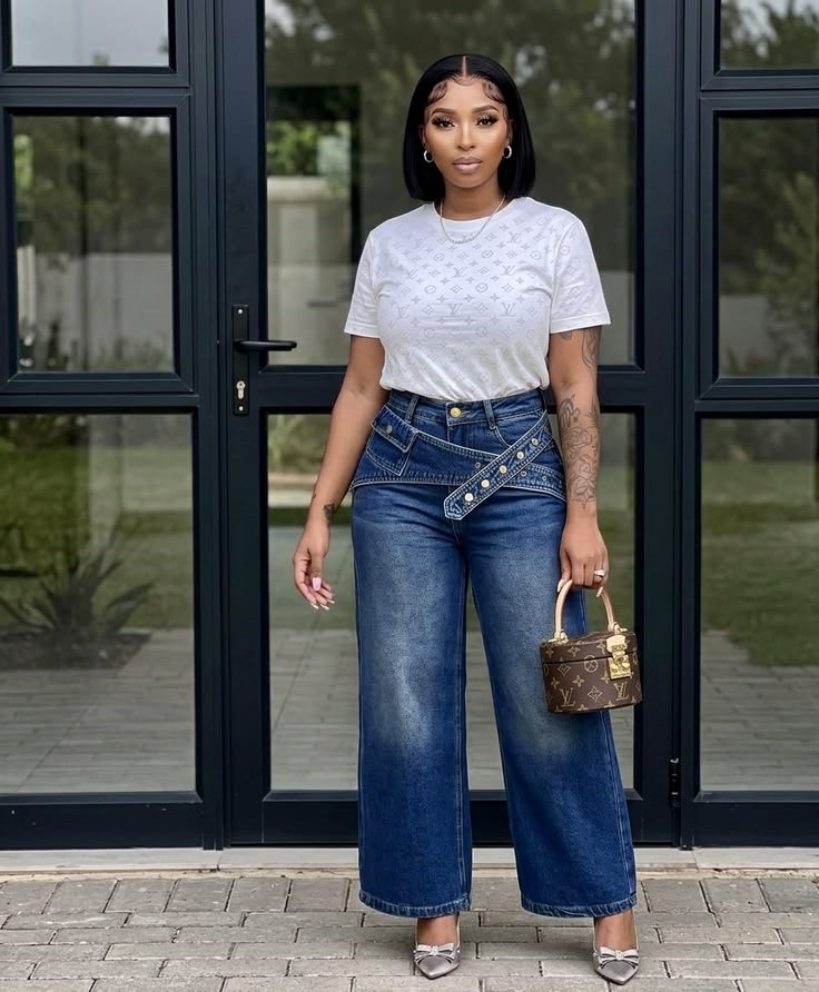 Woman wearing wide-leg jeans with a fitted white T-shirt and belt