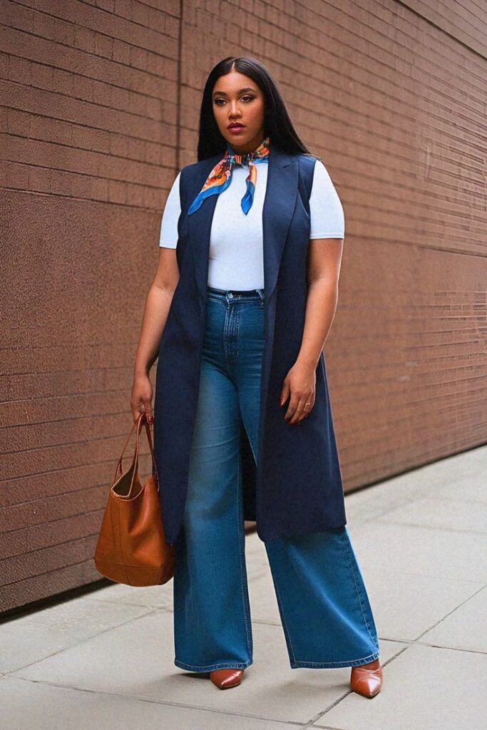 Curvy woman wearing wide-leg jeans with a longline navy vest