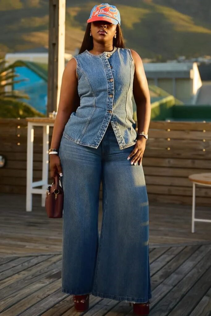 Plus-size woman wearing matching denim vest and wide-leg jeans