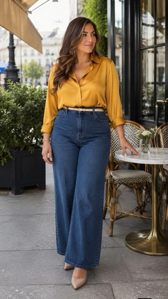 Woman wearing wide-leg jeans with a mustard satin button-down blouse
