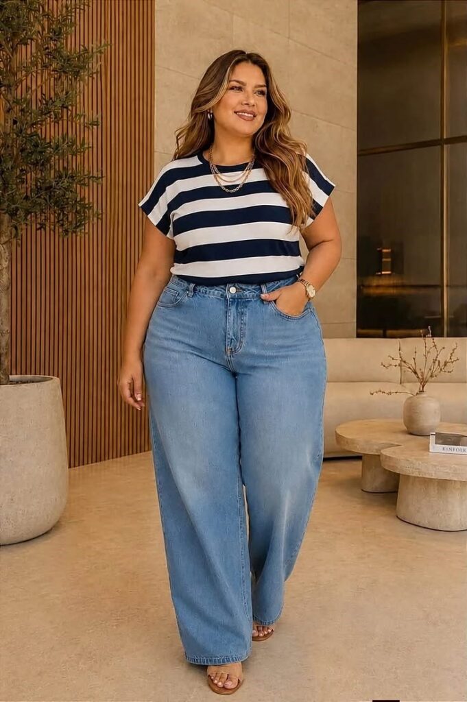 Plus-size woman wearing wide-leg jeans with a navy striped shirt