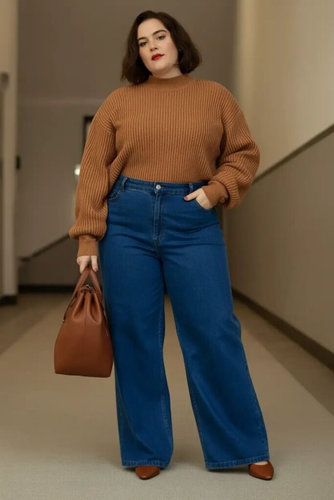 Plus-size woman wearing wide-leg jeans with a tucked brown knit sweater