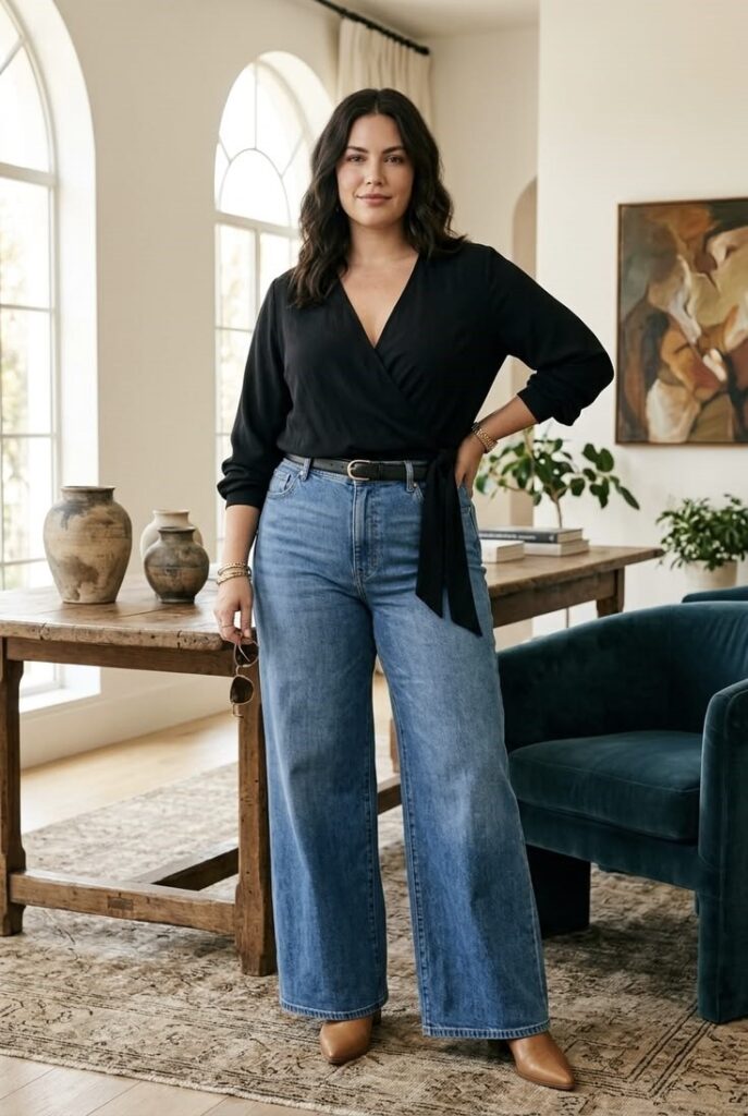 Curvy woman wearing wide-leg jeans with a black wrap top