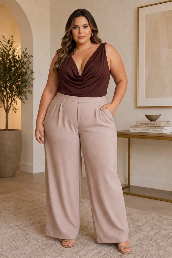 Apple-shaped plus size woman wearing high-waisted wide-leg trousers with a V-neck top