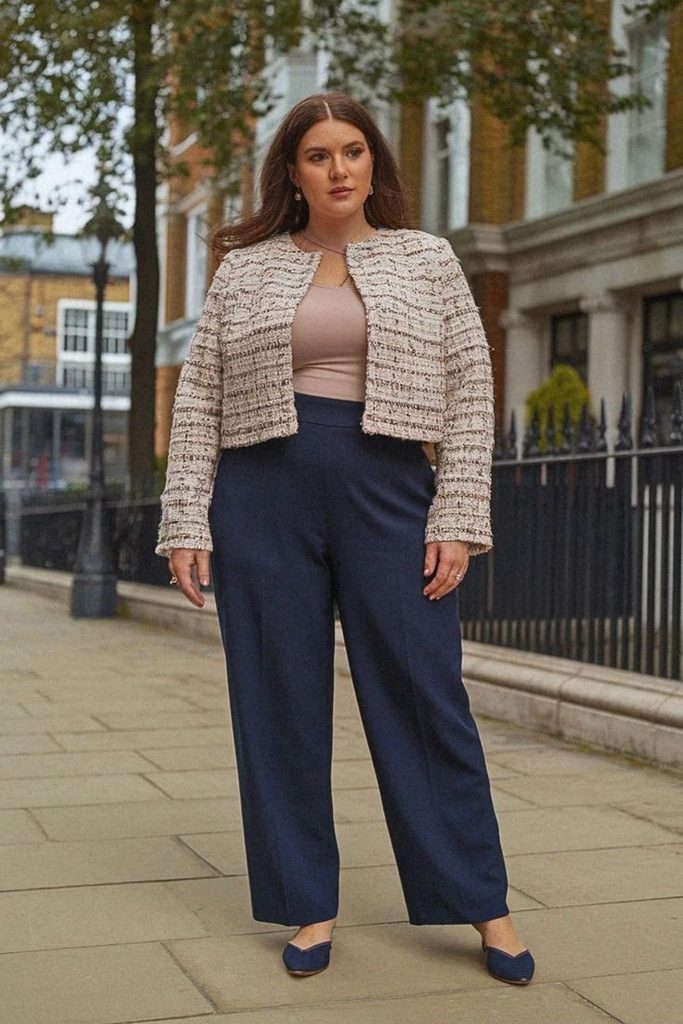 Plus size woman wearing a cropped jacket with wide-leg trousers for a balanced silhouette
