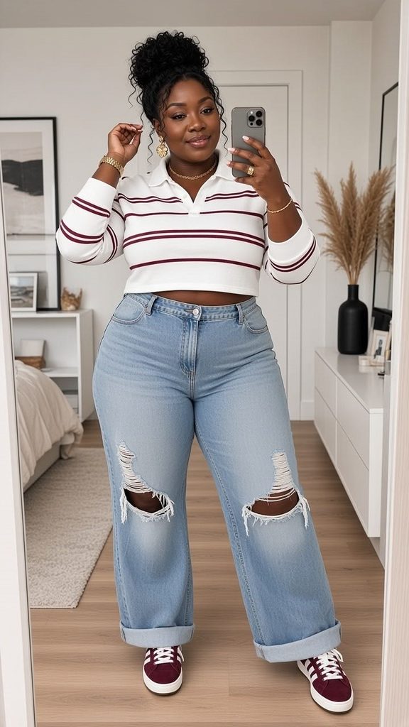 Plus size woman wearing a cropped striped top with wide-leg jeans for a balanced silhouette