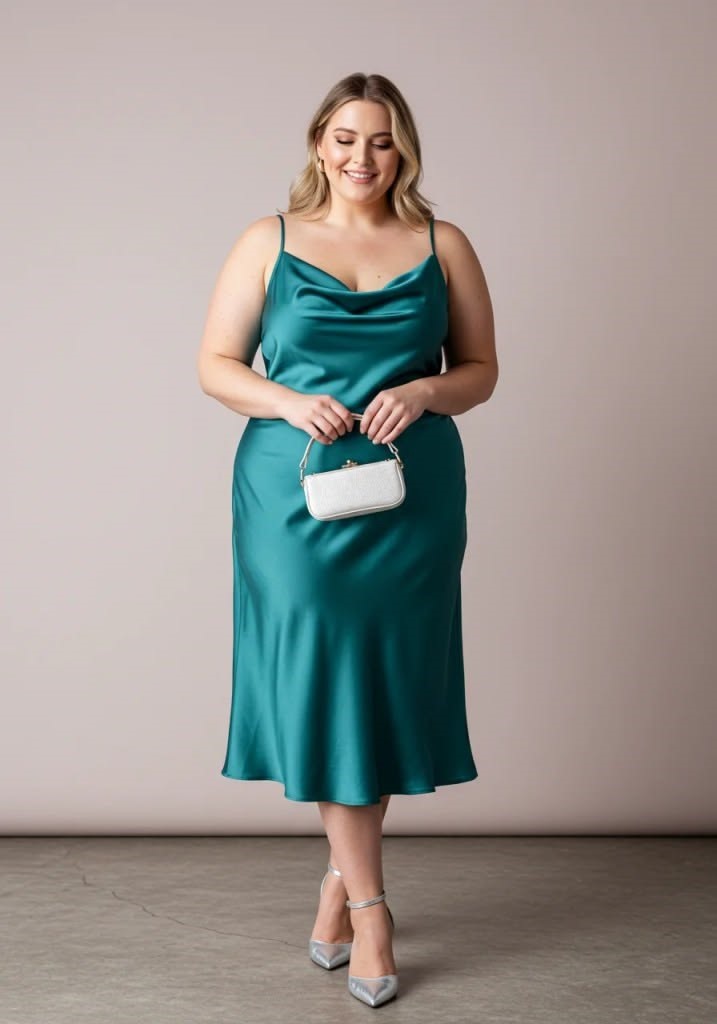 Plus size woman wearing an elegant teal satin bias-cut midi dress with a cowl neckline