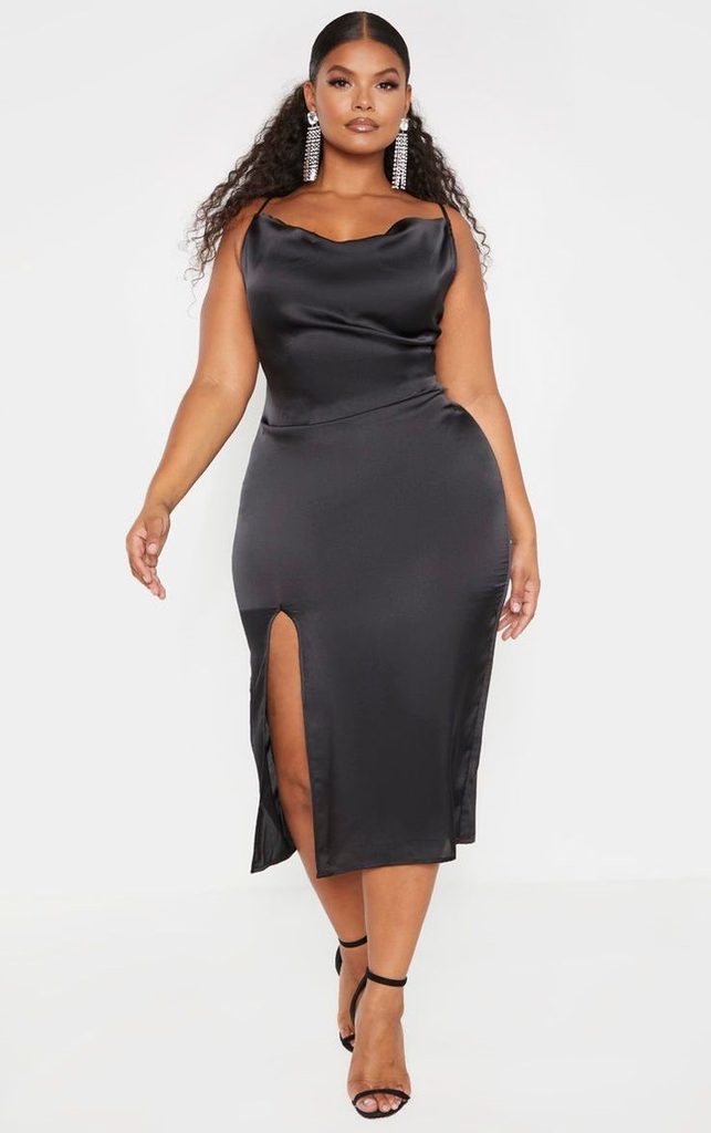 Black satin midi wedding guest dress with cowl neckline
