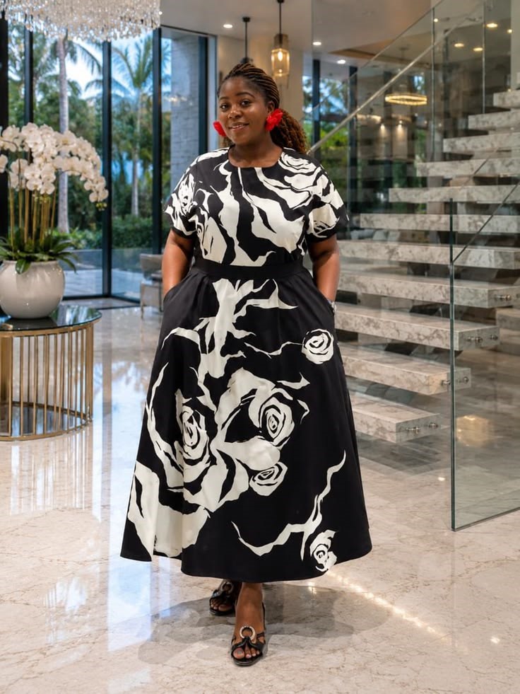 Black and white floral midi dress for a wedding guest