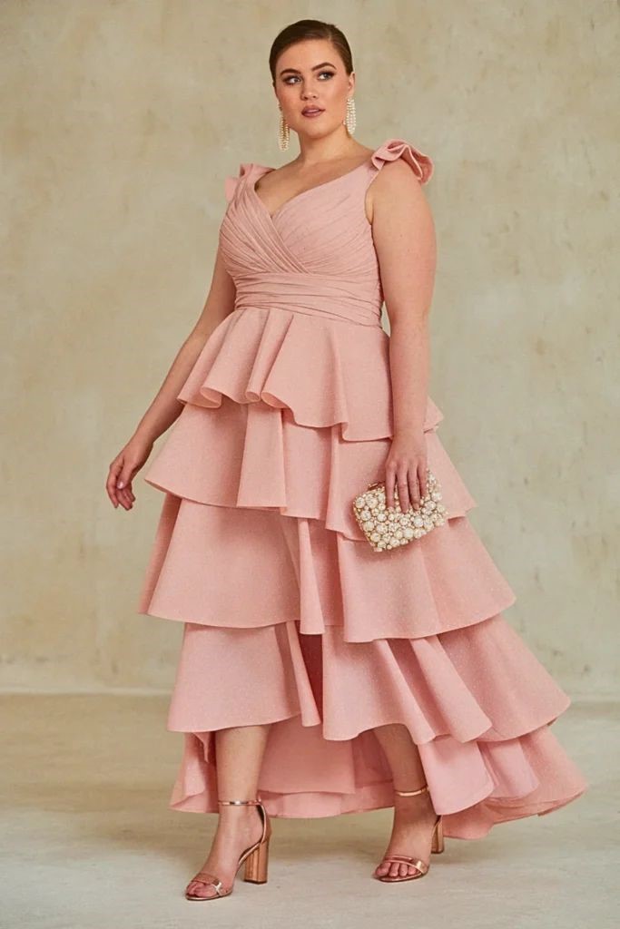 Blush pink ruffle maxi dress for a wedding guest