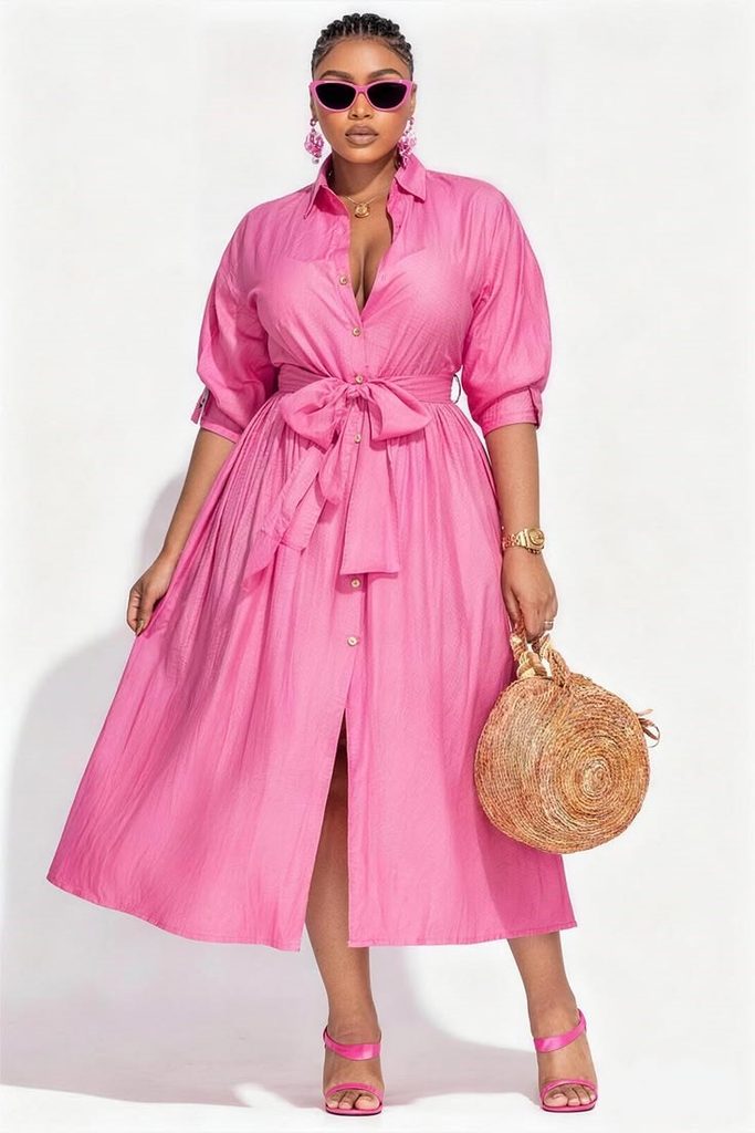 Bridal shower outfit ideas for plus size women featuring a blush pink midi dress