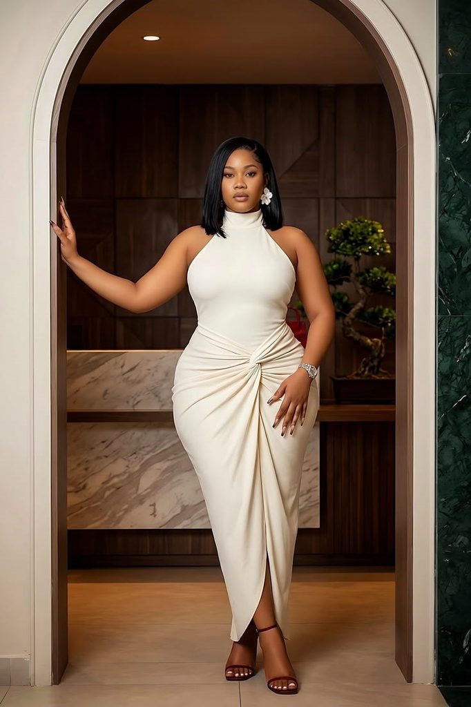 Bridal shower outfit ideas for plus size women featuring a cream monochrome twist-front dress