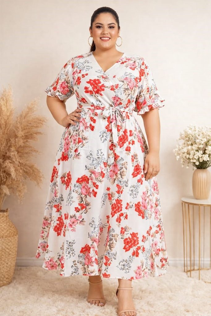Bridal shower outfit ideas for plus size women featuring a flowy floral maxi dress