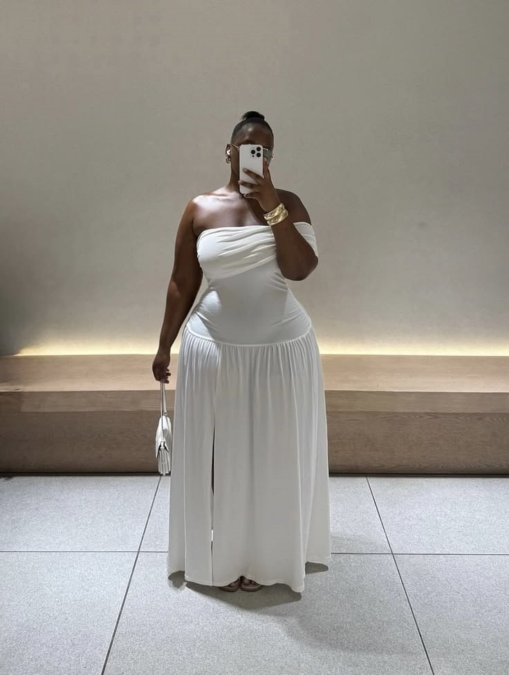 Bridal shower outfit ideas for plus size women featuring an elegant off-shoulder dress