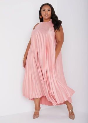 Bridal shower outfit ideas for plus size women featuring a flowing pink pleated midi dress