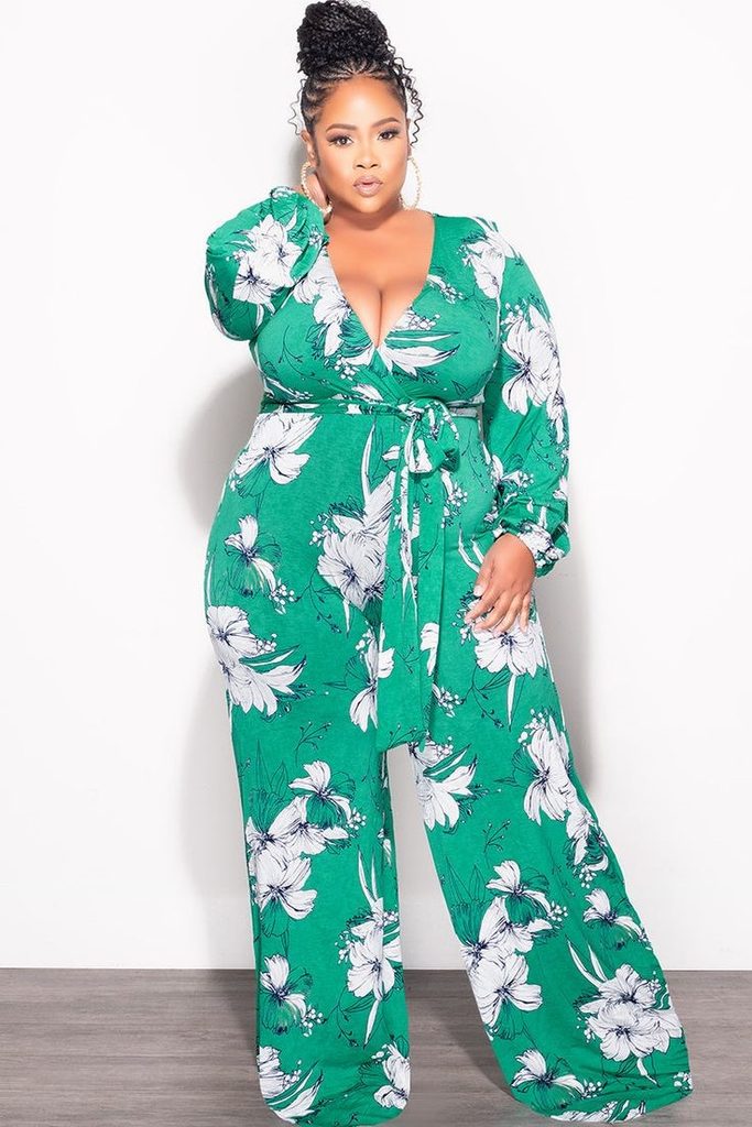 Bridal shower outfit ideas for plus size women featuring a printed wrap jumpsuit