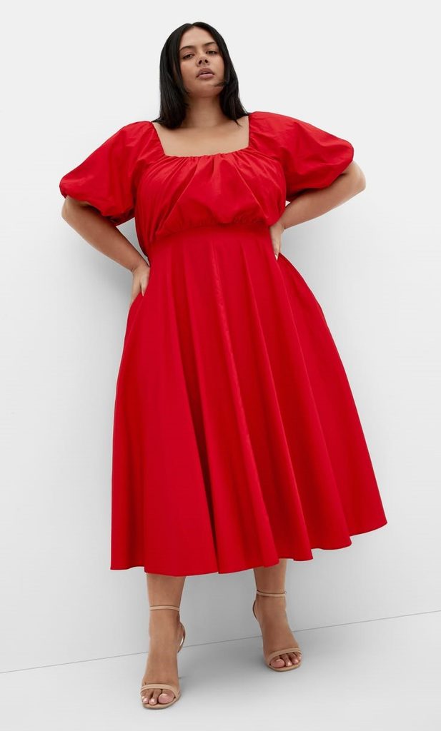 Bridal shower outfit ideas for plus size women featuring a red puff-sleeve midi dress