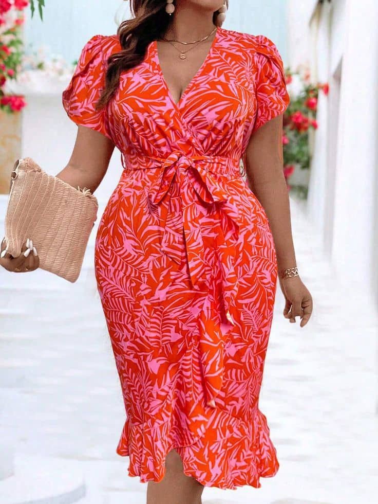 Bridal shower outfit ideas for plus size women featuring a colorful ruffled wrap dress