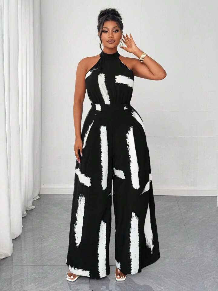 Bridal shower outfit ideas for plus size women featuring a chic black and white wide-leg jumpsuit