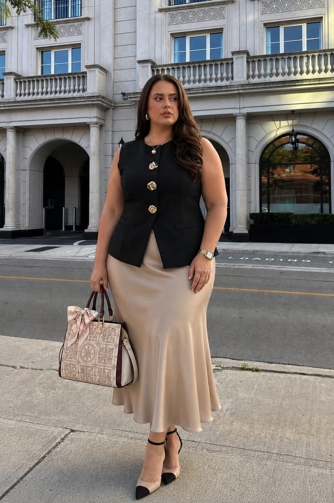 Bridal shower outfit ideas for plus size women featuring an elegant midi skirt and fitted top
