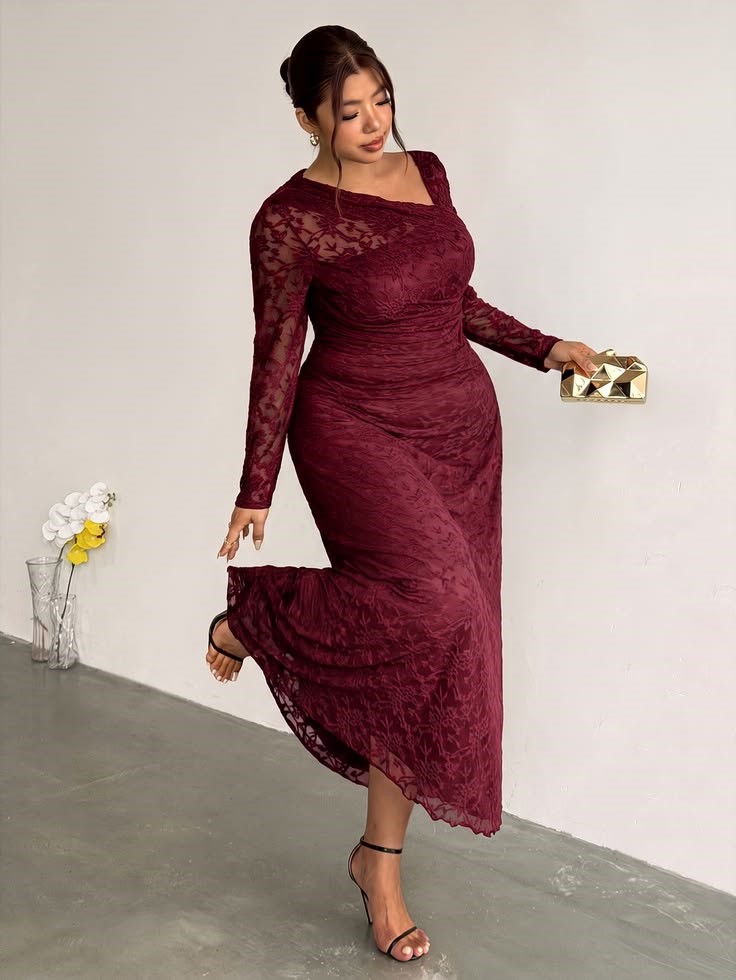 Burgundy lace wedding guest dress with long sleeves and midi length
