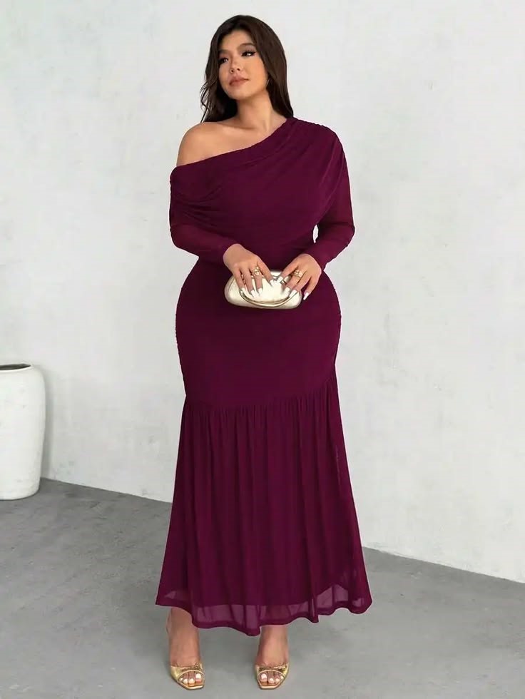 Burgundy off-shoulder maxi dress for a wedding guest