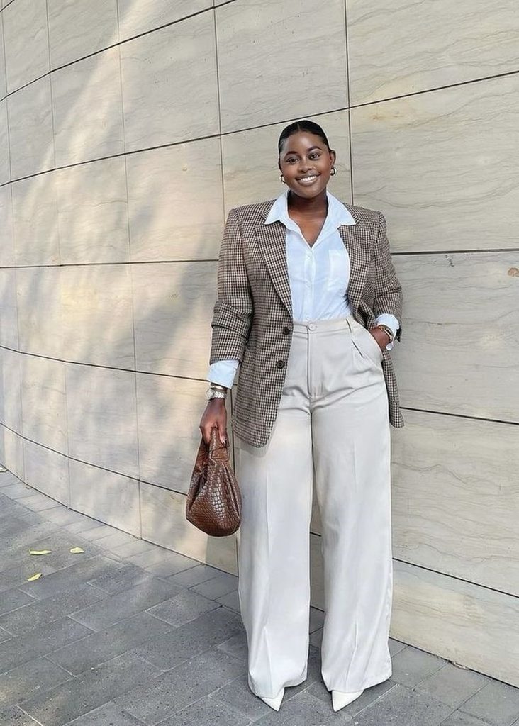Celebrity plus size look with a tailored blazer and wide-leg trousers