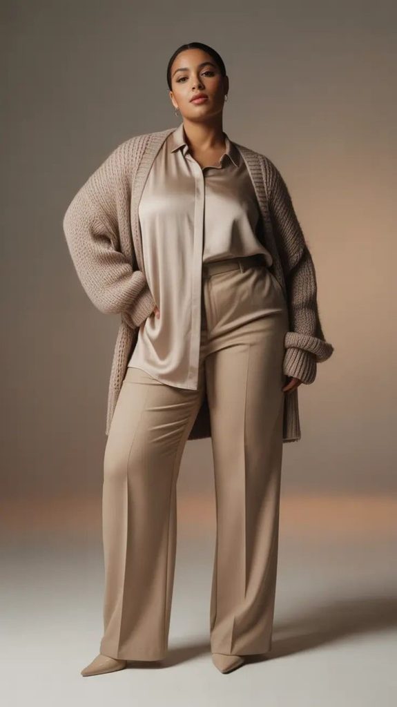 Celebrity plus size look in neutral tones with layered textures
