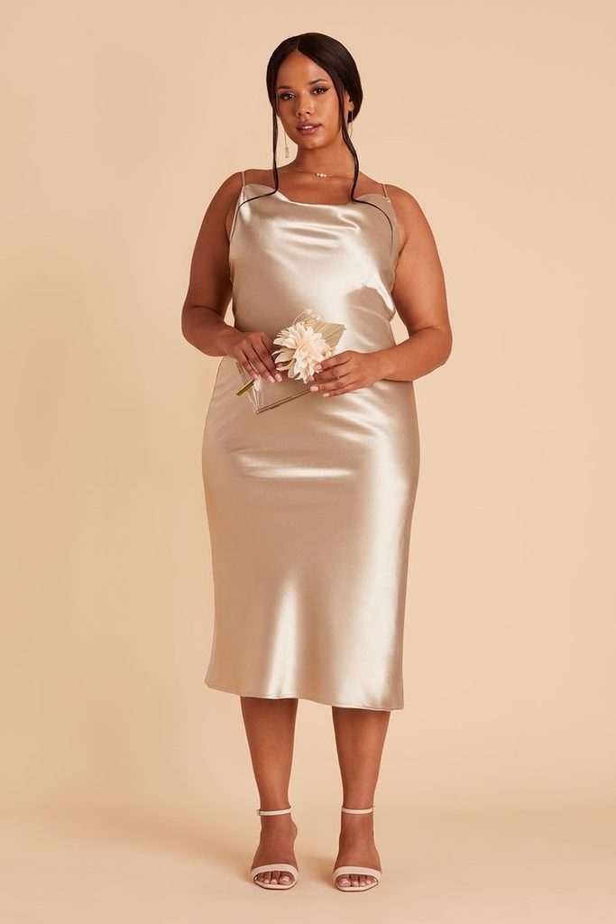 Champagne satin slip dress for a wedding guest