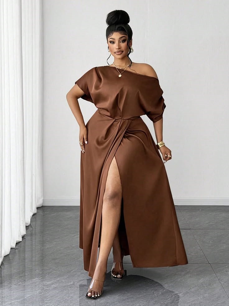 Chocolate brown satin dress for a wedding guest