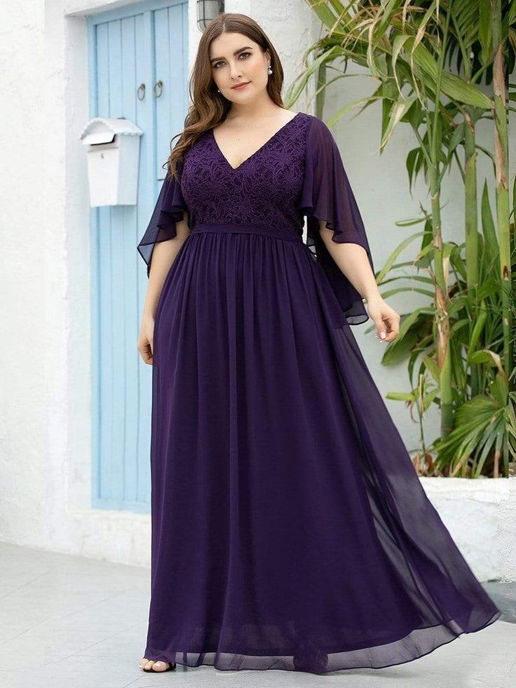 Deep purple lace maxi dress for a wedding guest