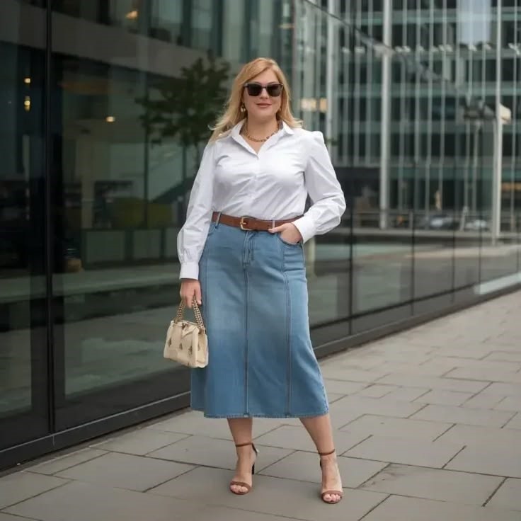 Plus size woman wearing a white button-down shirt with a denim midi skirt and strappy heels.