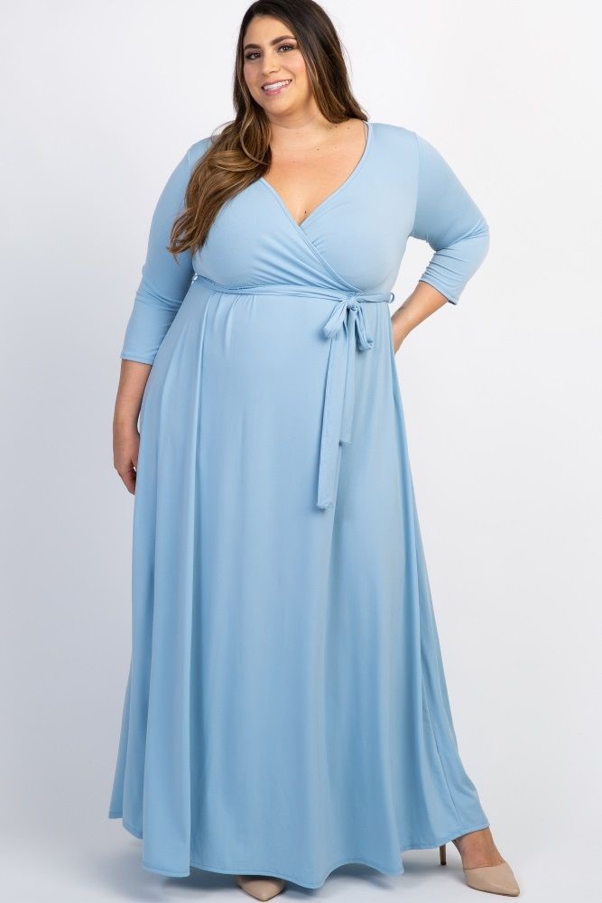 Dusty blue wrap maxi dress for a wedding guest