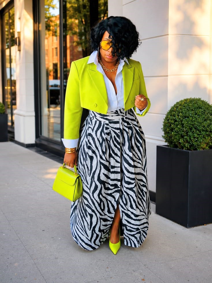 Plus size woman feeling beautiful in every outfit wearing bold printed trousers and a bright blazer
