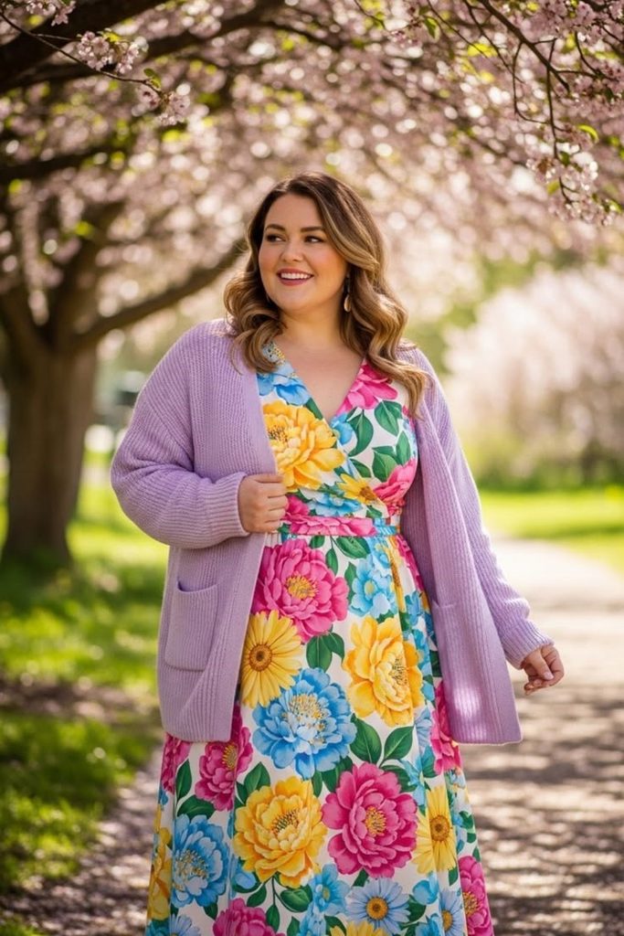 Plus size woman wearing a floral dress with a lavender cardigan for a baby shower