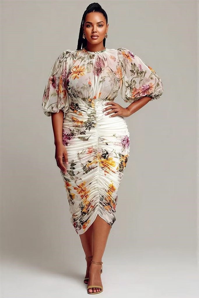 Floral midi dress with puff sleeves for a wedding guest