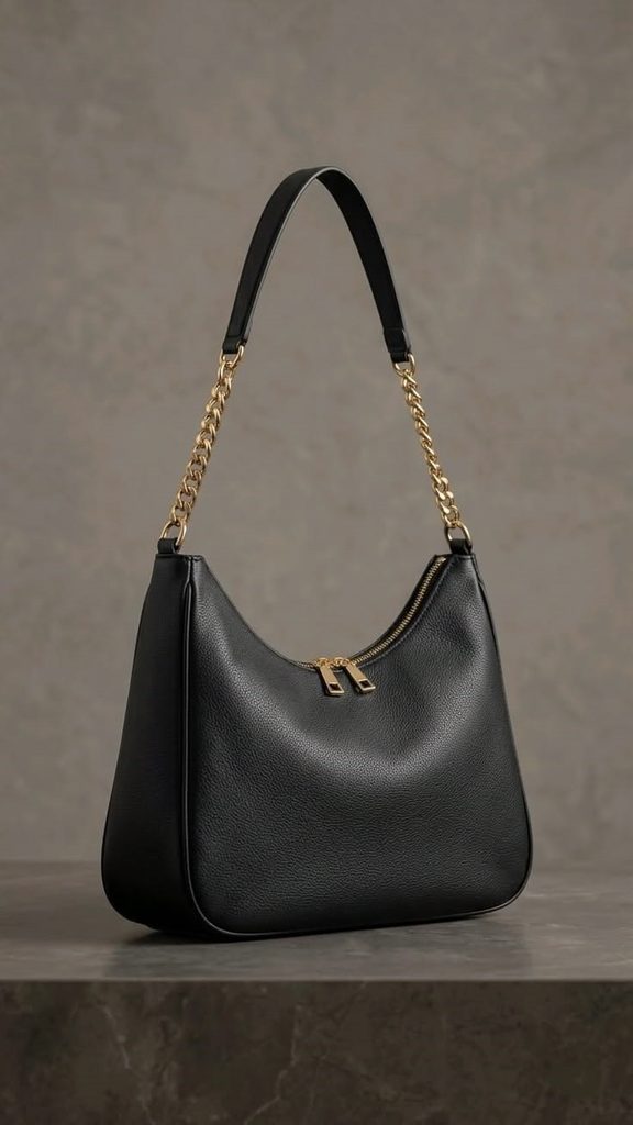 Black soft slouchy hobo bag with gold chain details for easy everyday styling