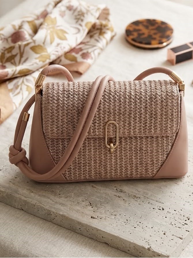 Woven neutral handbag, one of the best handbags that go with everything for relaxed everyday and summer outfits
